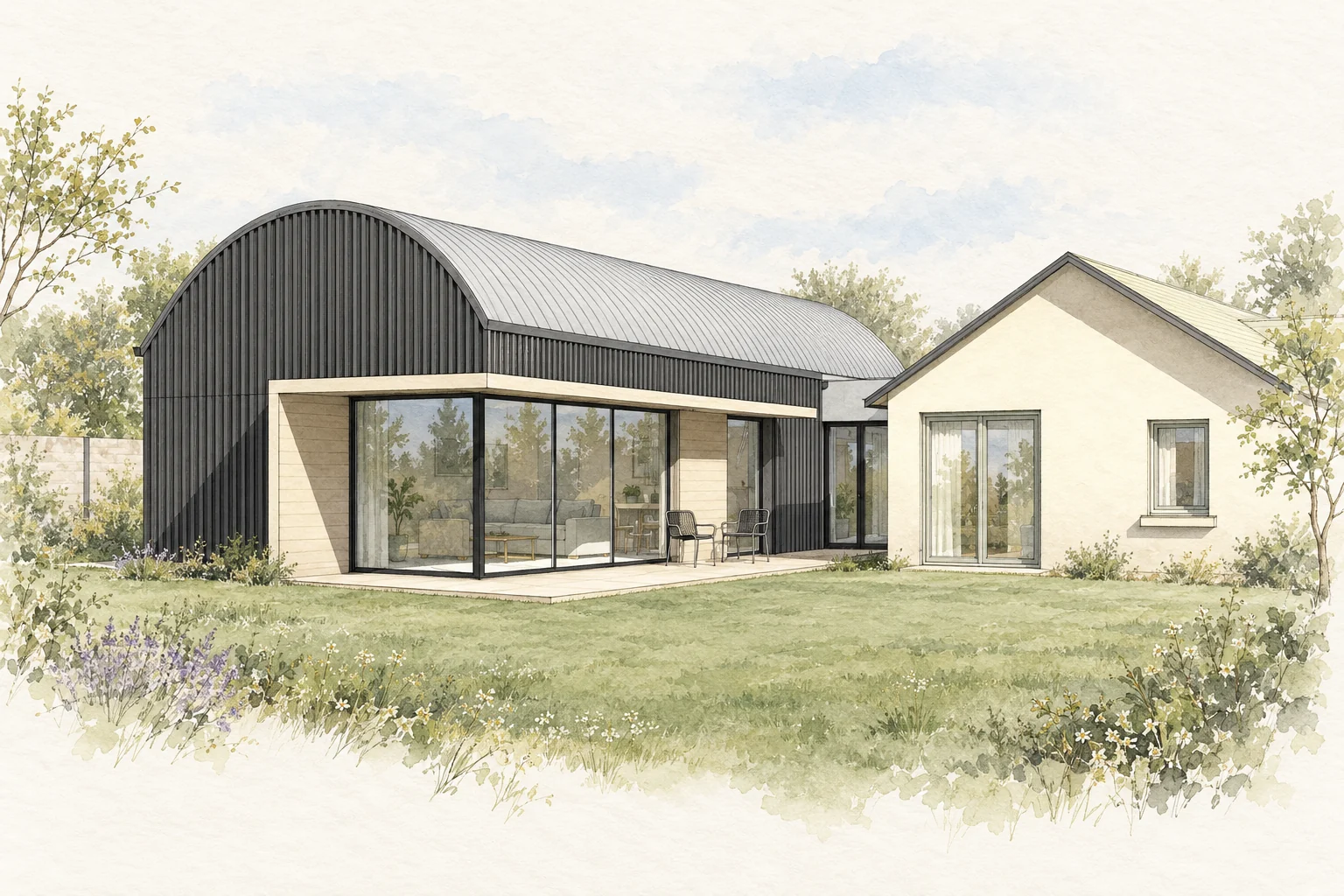 Watercolour illustration of a cottage with a curved-roof extension opening onto a garden