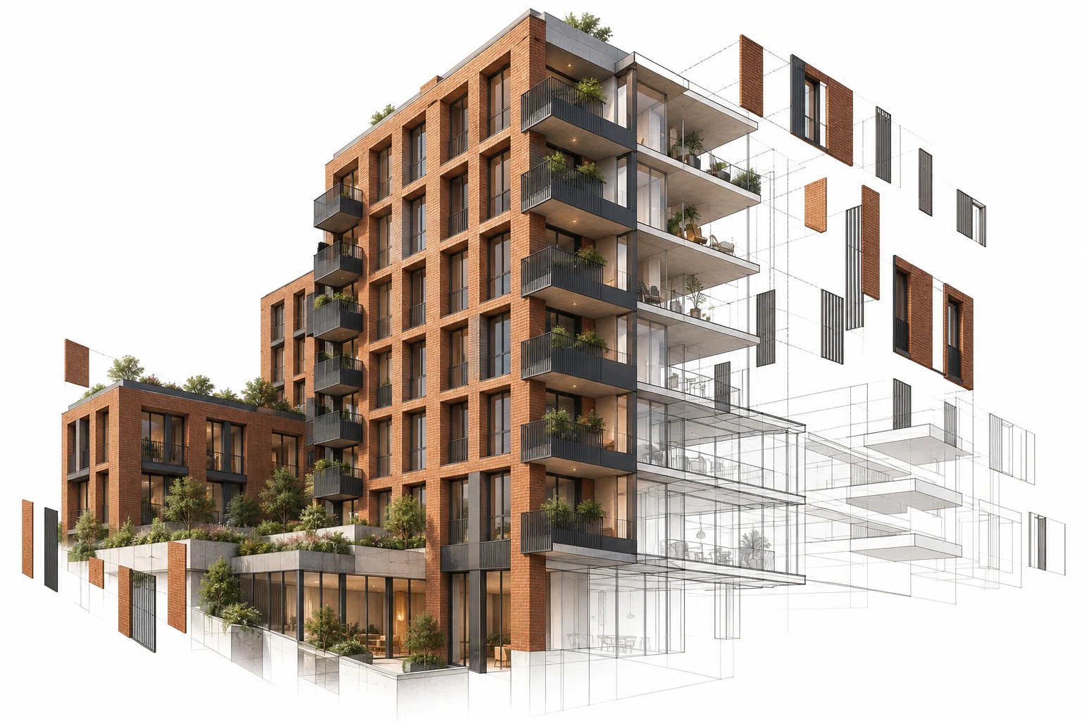Exploded illustrative study of a brick residential facade and its construction