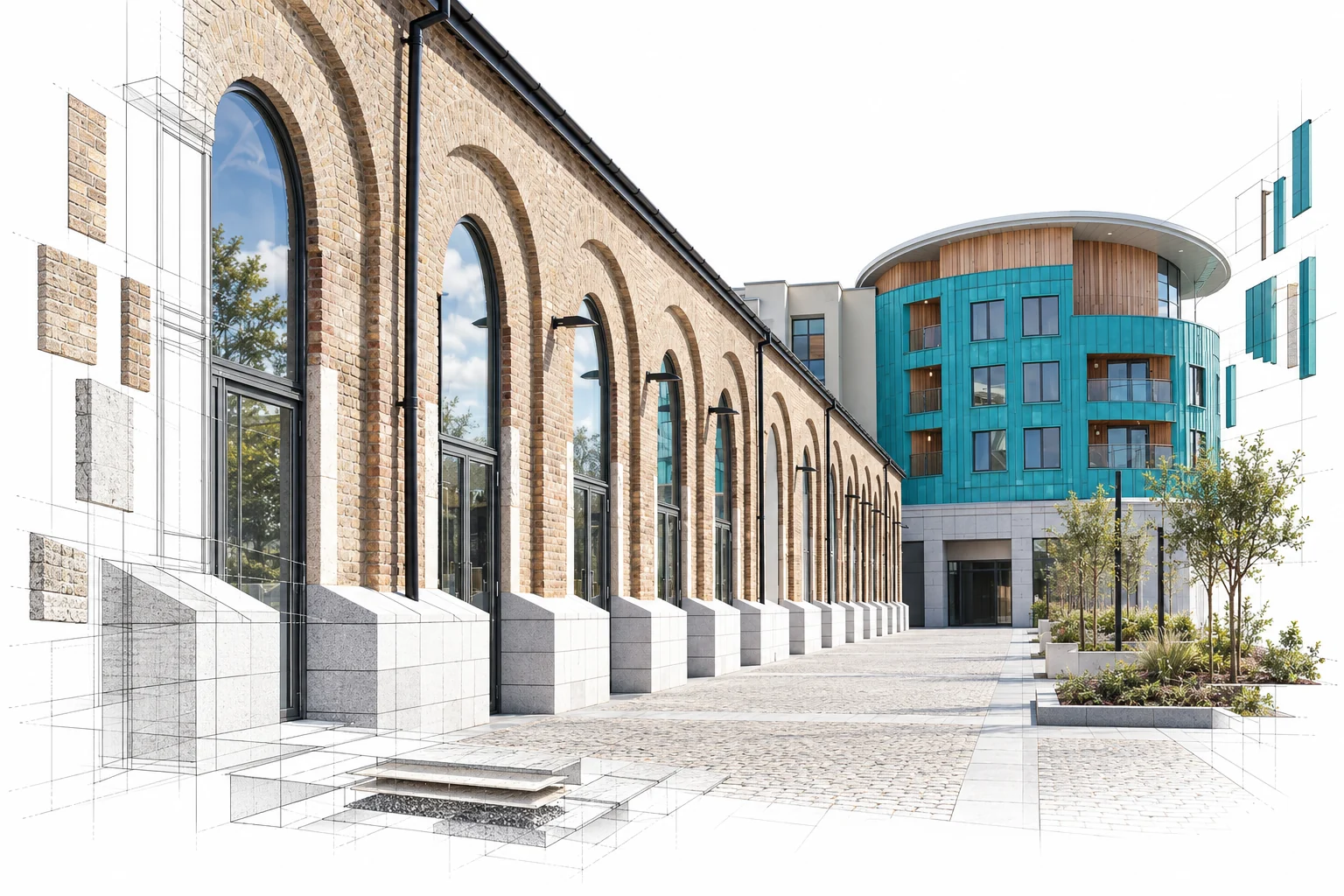 Illustrative study of the stone arcade and contemporary curved building at MacDonagh Junction